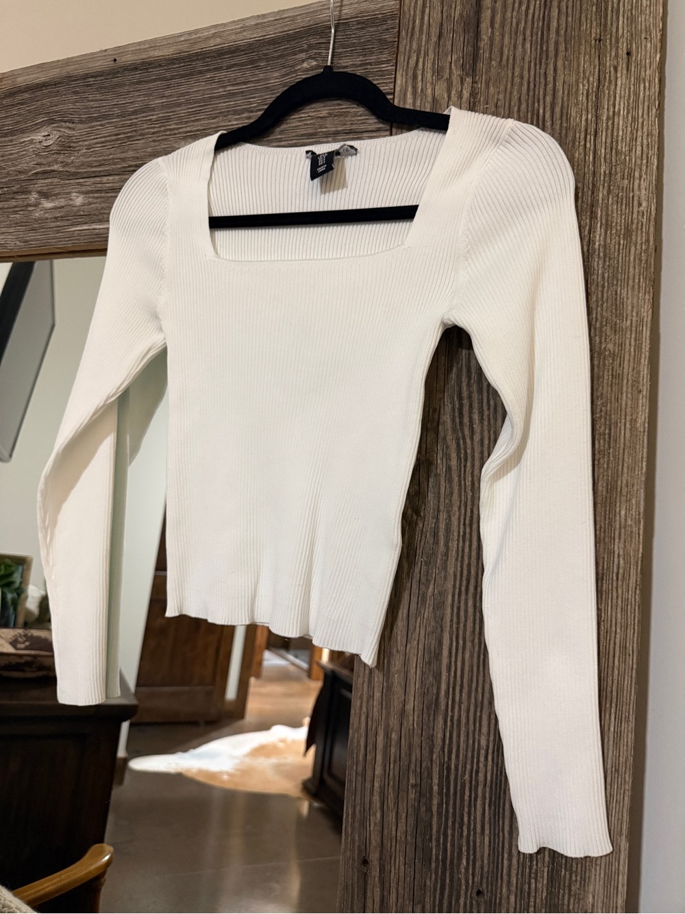 Sincerely Jules White Ribbed Square-Neck Long Sleeve Top